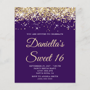Convite Sweet 16 Roxo Brilho Dourado Pálido Orçame