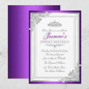Convite Sweet 16 Roxo Prata Damask & Tiara