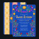 Convite Sweet 16 Royal Blue Fiesta Flowers 16º Aniversário<br><div class="desc">Royal Blue Sweet 16 Convite para a 16ª comemoração de aniversário da sua filha. Este tema floral apresenta flores brilhantes e coloridas de arte folclórica mexicana em vermelho, rosa, roxo e amarelo em um fundo azul real. A parte de trás do cartão tem papel picado floral e mais flores. O...</div>