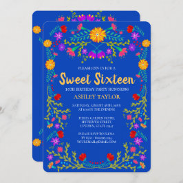Convite Sweet 16 Royal Blue Mexicano Fiesta Floral Birthda