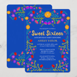 Convite Sweet 16 Royal Blue Mexicano Fiesta Floral Birthda