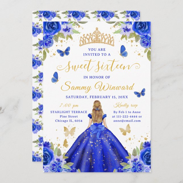Convite Sweet 16 Royal Blue Princess Blonde Girl (Frente/Verso)