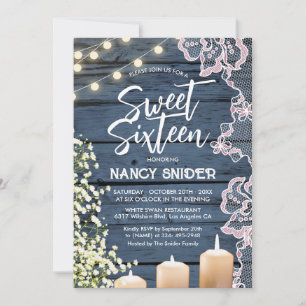 Convite Sweet 16 Rustic Blue Wood String Luzes Modernas