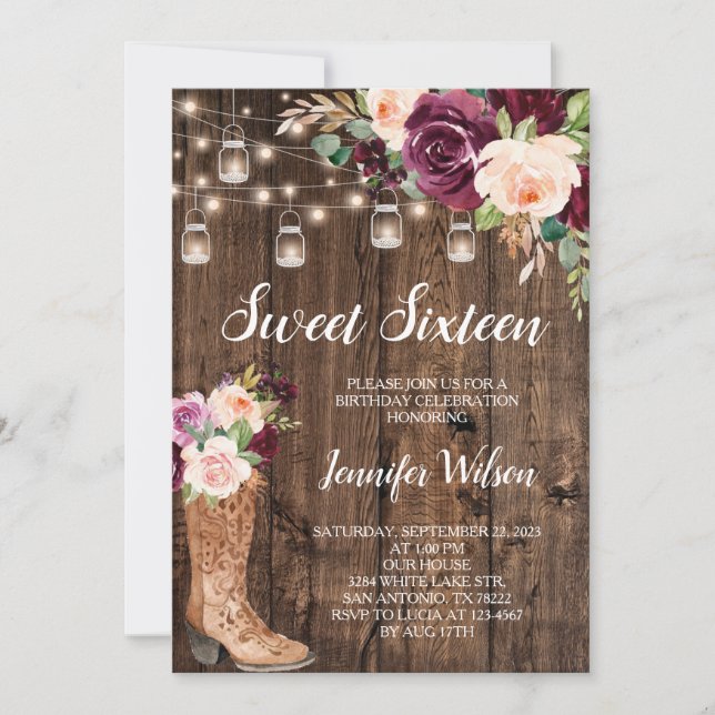 Convite Sweet 16 Rustic Boho Floral Lights Invitati (Frente)