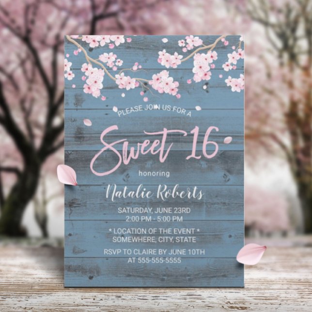 Convite Sweet 16 Rustic Cherry Blossom Flowers Dusty Blue (Criador carregado)
