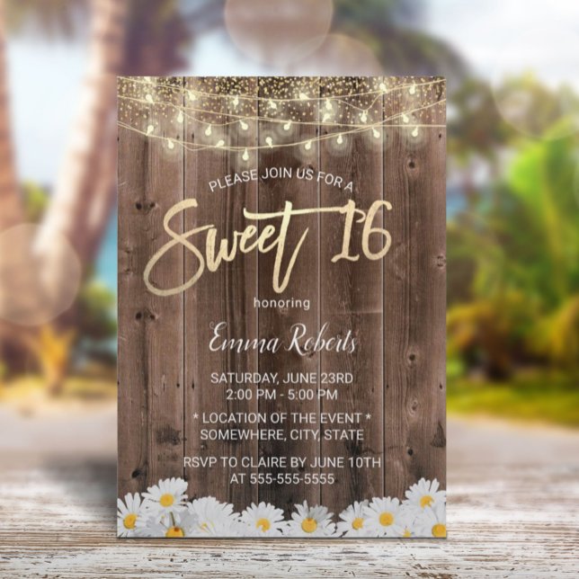 Convite Sweet 16 Rustic Daisy Flowers Barn Wood (Criador carregado)