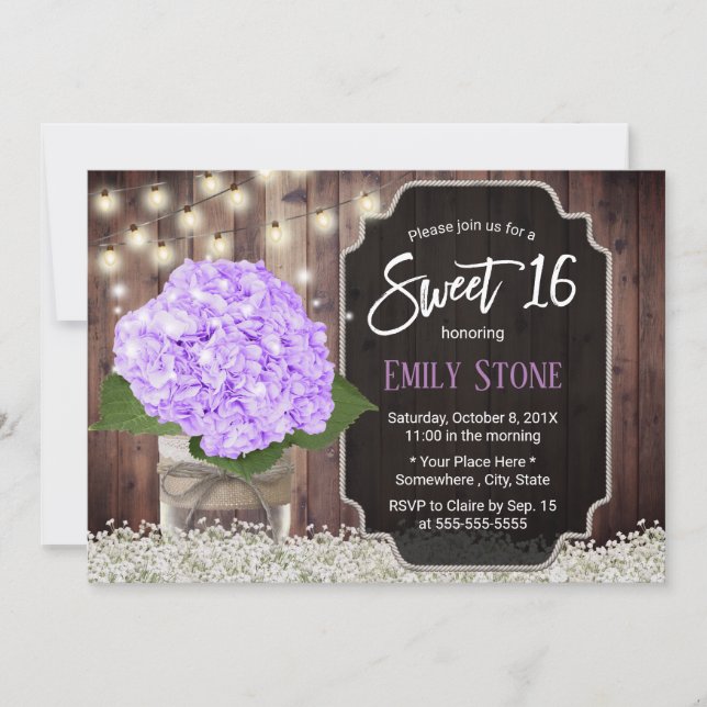 Convite Sweet 16 Rustic Purple Hydrangea Flower Mason Jar (Frente)