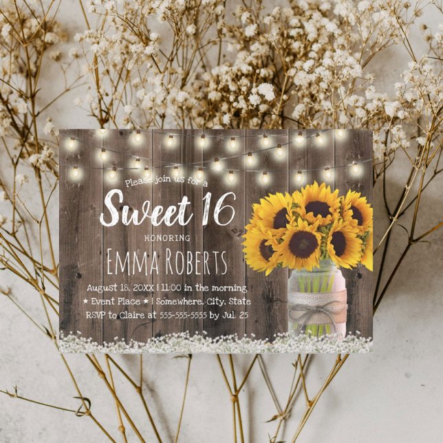 Convite Sweet 16 Rustic Sunflower Jar Barn Wood (Criador carregado)