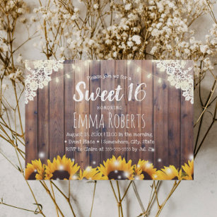 Convite Sweet 16 Rustic Sunflower & String Lights