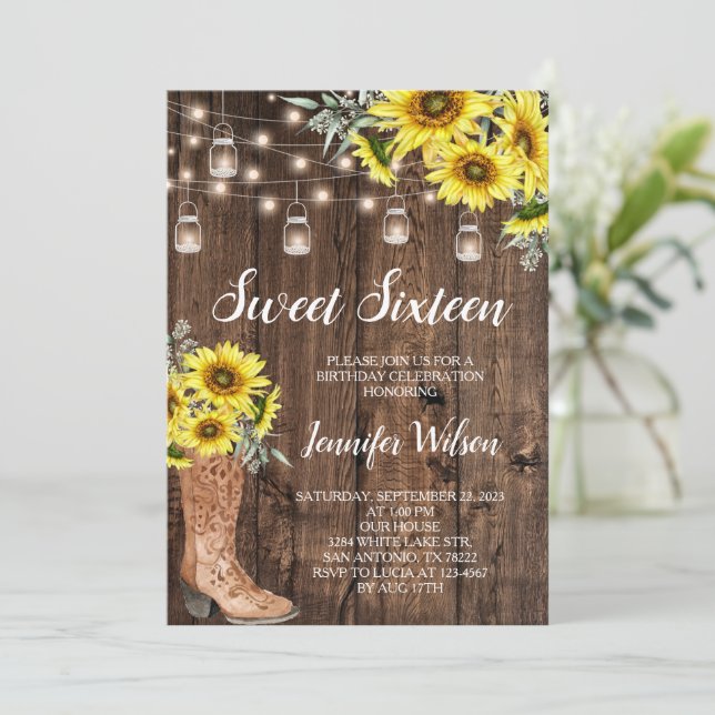 Convite Sweet 16 Rustic Sunflower String Lights (Em pé/Frente)