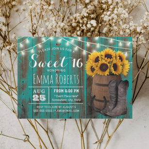 Convite Sweet 16 Rustic Sunflower Teal Western Cowgirl