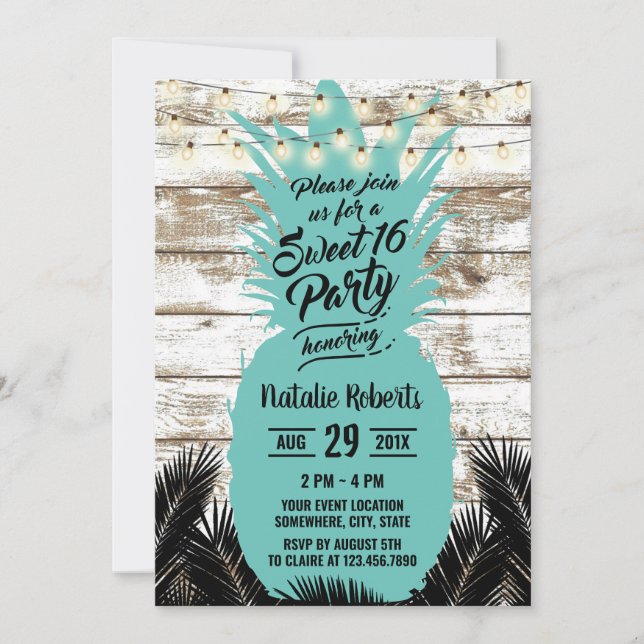 Convite Sweet 16 Rustic Tropical Beach Teal Pineapple (Frente)