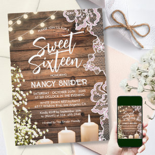 Convite Sweet 16 Rustic Wood String Lights Modern