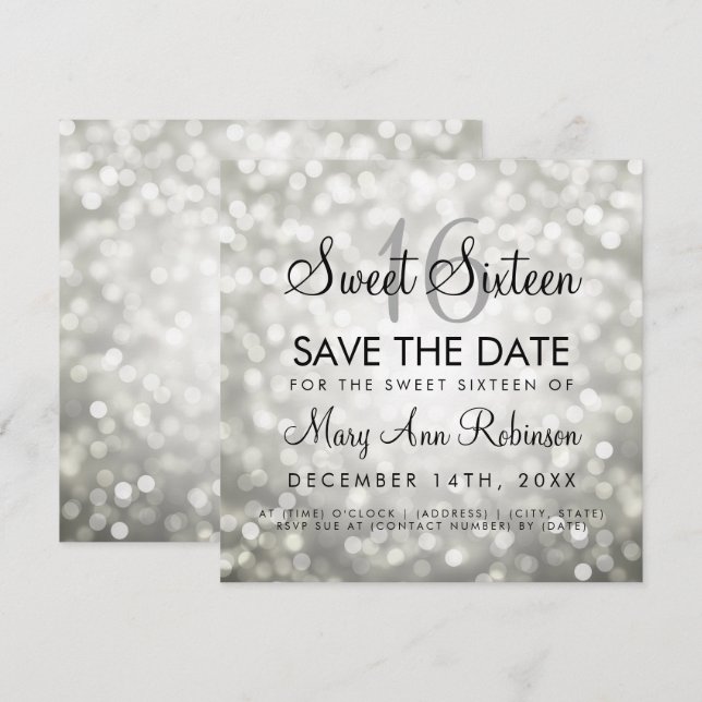 Convite Sweet 16 Save The Date Prata Glitter Lights (Frente/Verso)