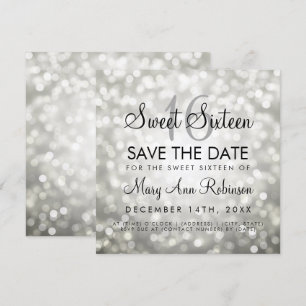 Convite Sweet 16 Save The Date Prata Glitter Lights