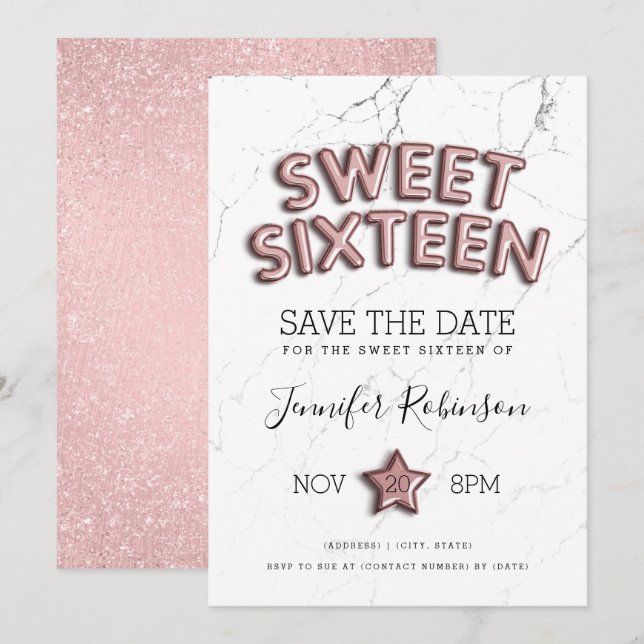 Convite Sweet 16 Save The Date Rosa Dourado Balloons Glitt (Frente/Verso)