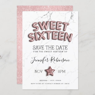 Convite Sweet 16 Save The Date Rosa Dourado Balloons Glitt