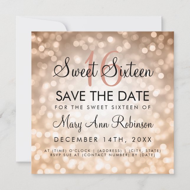 Convite Sweet 16 Save The Date Rosa Dourado Glitter Lights (Frente)