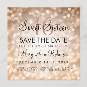 Convite Sweet 16 Save The Date Rosa Dourado Glitter Lights