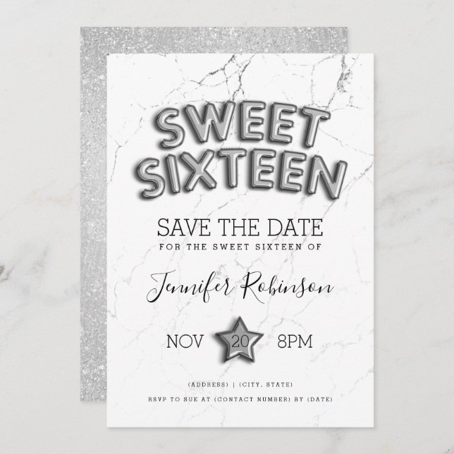 Convite Sweet 16 Save The Date Silver Balloons Glitter (Frente/Verso)