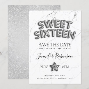 Convite Sweet 16 Save The Date Silver Balloons Glitter