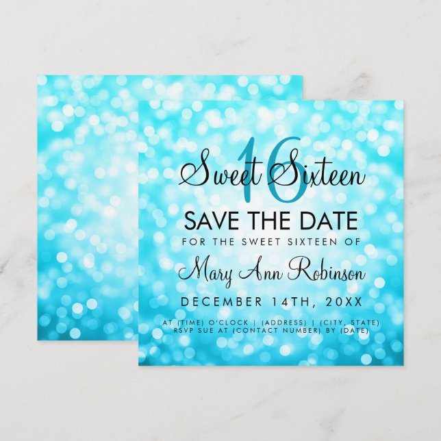 Convite Sweet 16 Save The Date Turquoise Glitter Lights (Frente/Verso)