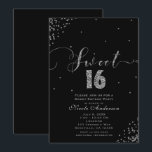 Convite SWEET 16 Sessenta Canto de Confetti Preto e Pratea<br><div class="desc">DOCE 16 16 Convites de Confetti Preto e Prateado.</div>