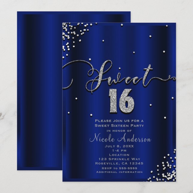 Convite SWEET 16 Sessenta Canto Real Blue Silver Confetti (Frente/Verso)