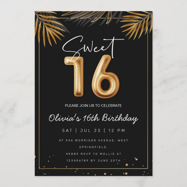 Convite Sweet 16 Sixteenth With Golden Tropical Leaves (Frente)