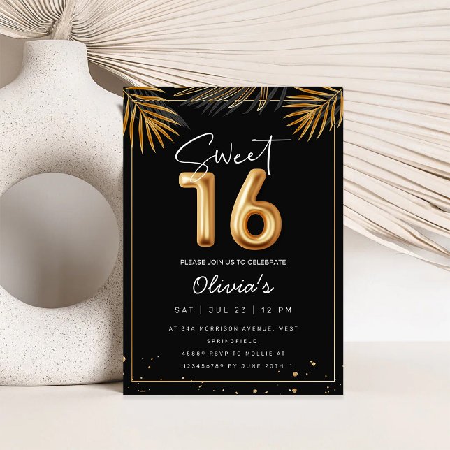 Convite Sweet 16 Sixteenth With Golden Tropical Leaves (Criador carregado)