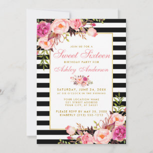 Convite Sweet 16 Striped Floral Pink Dourado