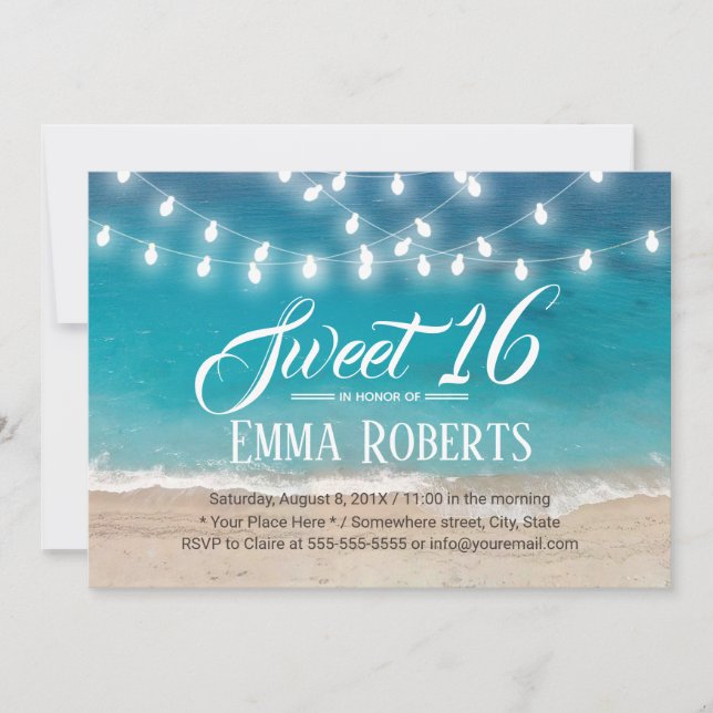 Convite Sweet 16 Summer Beach e String Lights (Frente)