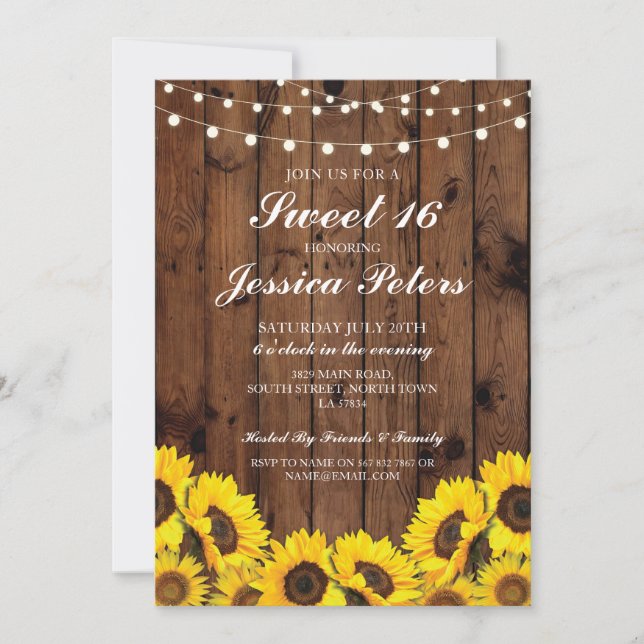 Convite Sweet 16 Sunflower Wood Lights Rustic Invitation (Frente)