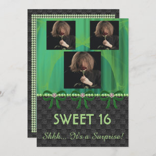 Convite Sweet 16 Surpresa Partido Verde Seda e Pérolas e F