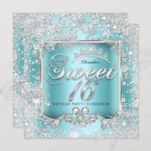 Convite Sweet 16 Teal Blue Silver Tiara Winter Wonderland