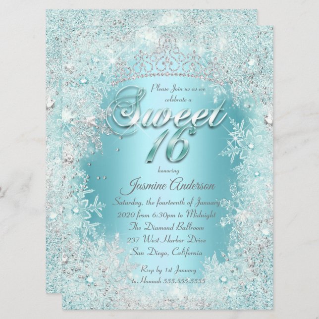 Convite Sweet 16 Teal Blue Silver Winter Wonderland Tiara (Frente/Verso)