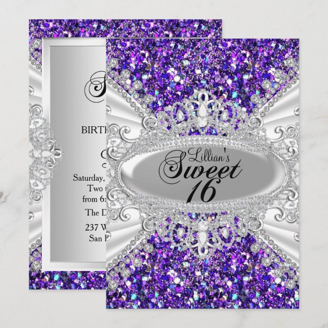 Convite Sweet 16 Tiara de Diamante Brilho Roxo (Frente/Verso)