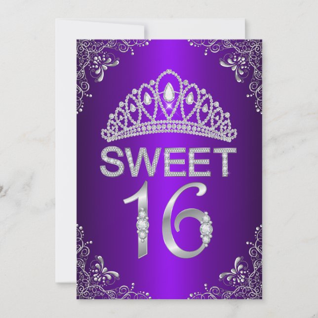 Convite Sweet 16 Tiara de Diamante Brilho Roxo (Frente)