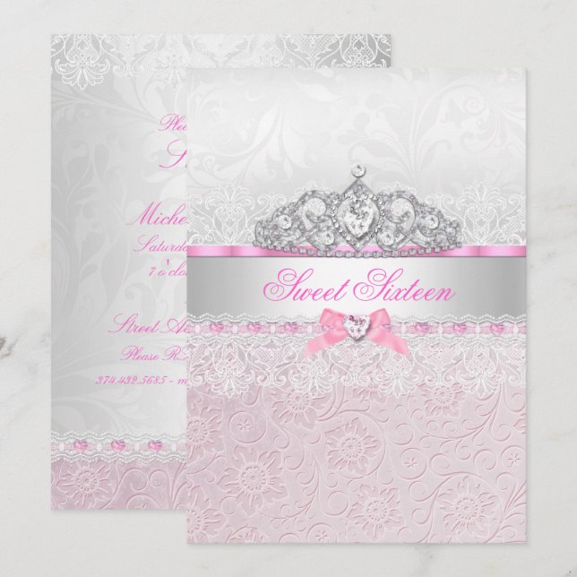 Convite Sweet 16 Tiara de Renda Pink Princess (Frente/Verso)