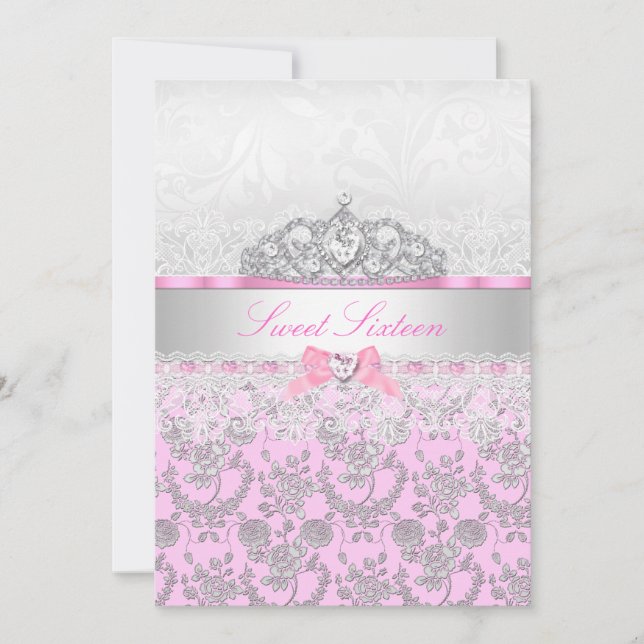 Convite Sweet 16 Tiara e Renda Pink Princess (Frente)