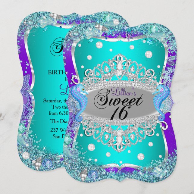 Convite Sweet 16 Tiara Roxo Azul Debaixo do Mar (Frente/Verso)