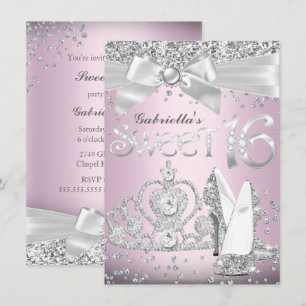 Convite Sweet 16 Tiara & Saltos Brilhantes Rosa Cl