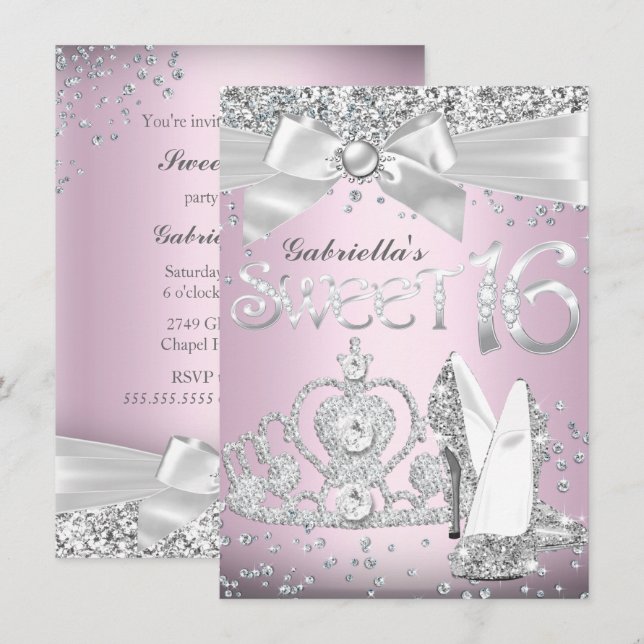 Convite Sweet 16 Tiara & Saltos Brilhantes Rosa Cl (Frente/Verso)