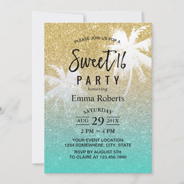Convite Sweet 16 Tropical Beach Palm Tree Modern Dourado (Frente)