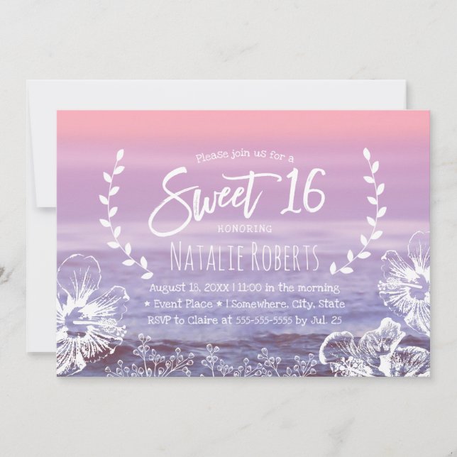 Convite Sweet 16 Tropical Floral Elegante Pink Beach (Frente)