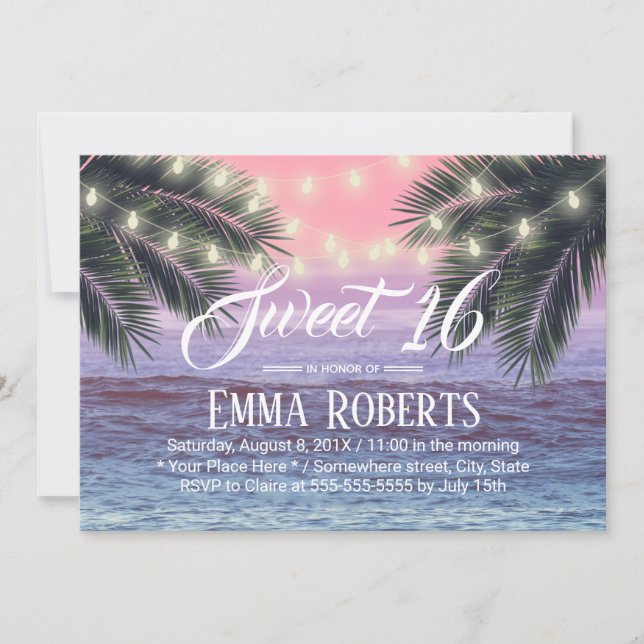 Convite Sweet 16 Tropical Palm Tree Beach String Lights (Frente)