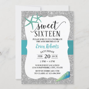 Convite Sweet 16 Turquoise Beach Starfish Modern Silver