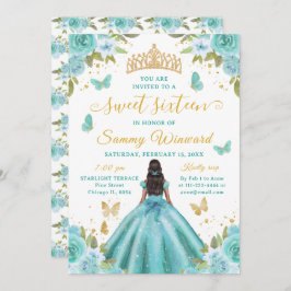 Convite Sweet 16 Turquoise Princess African American Girl