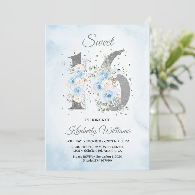 Convite Sweet 16 Watercolor Baby Blue Theme (Em pé/Frente)