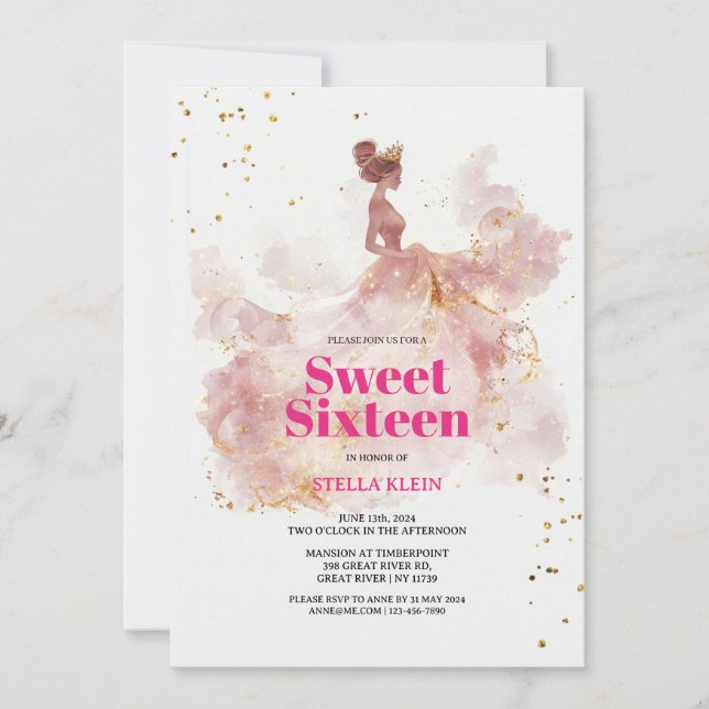 Convite Sweet 16 Watercolor Dourado e brilhante (Frente)
